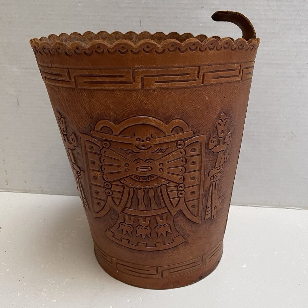 Embossed Leather Basket Hand Tooled Aztec Tribal‎ Plywood Bottom Decor Western